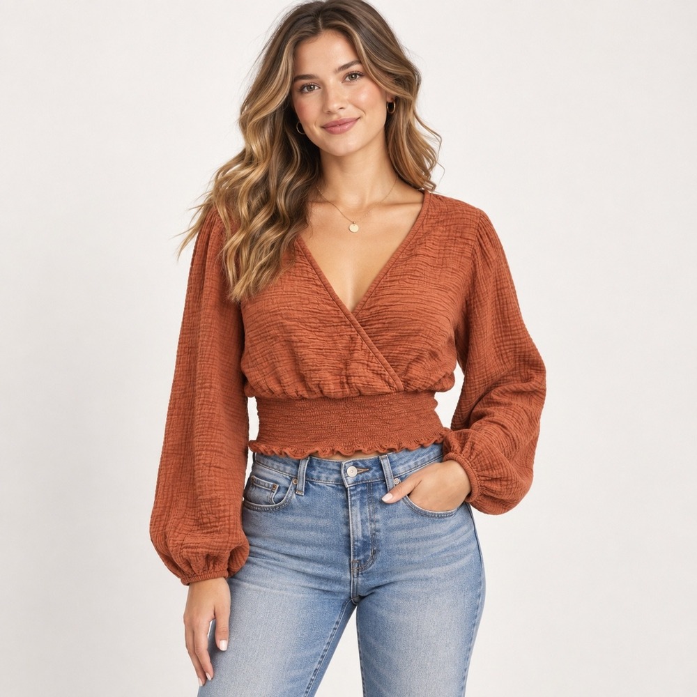 Madewell Womens L Blouse Pumpkin Orange Gauze Cotton Cropped Boho Cottagecore